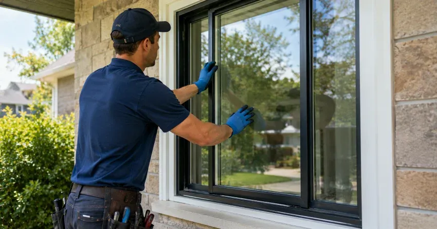 technician measuring a broken window pane for replacement in Winnipeg