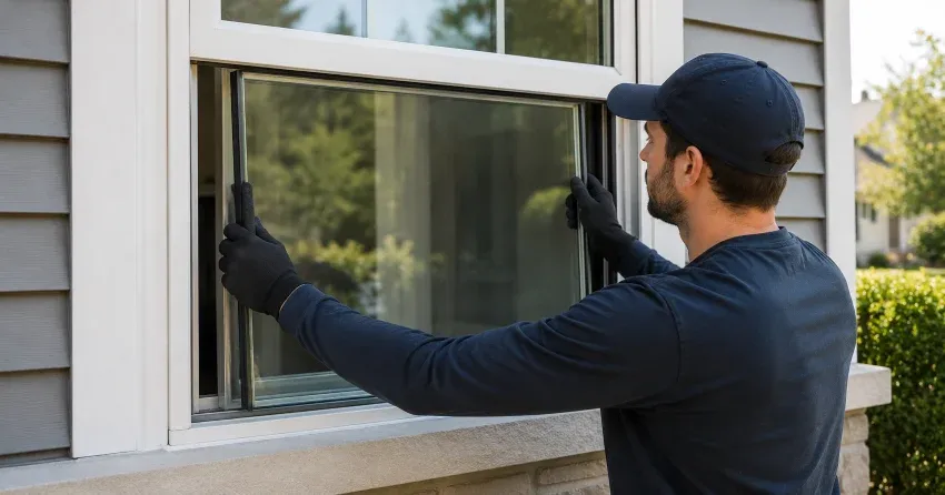 technician boarding up broken window during emergency glass repair Winnipeg