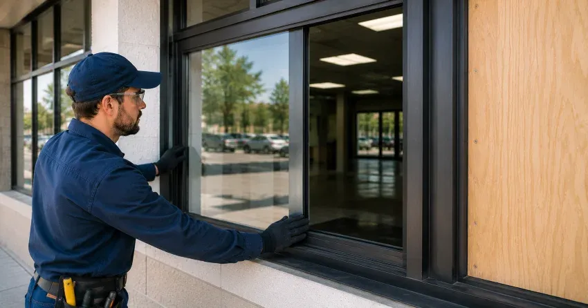 technician boarding a broken window after a break-in in Winnipeg