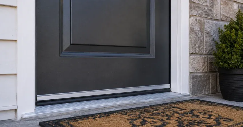 technician replacing worn door weatherstripping in Radisson, Winnipeg home