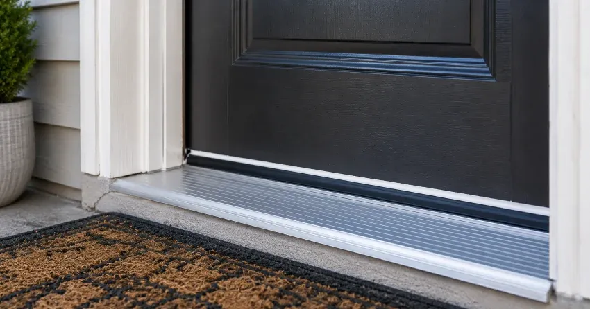 technician applying weatherproof sealant along a door threshold