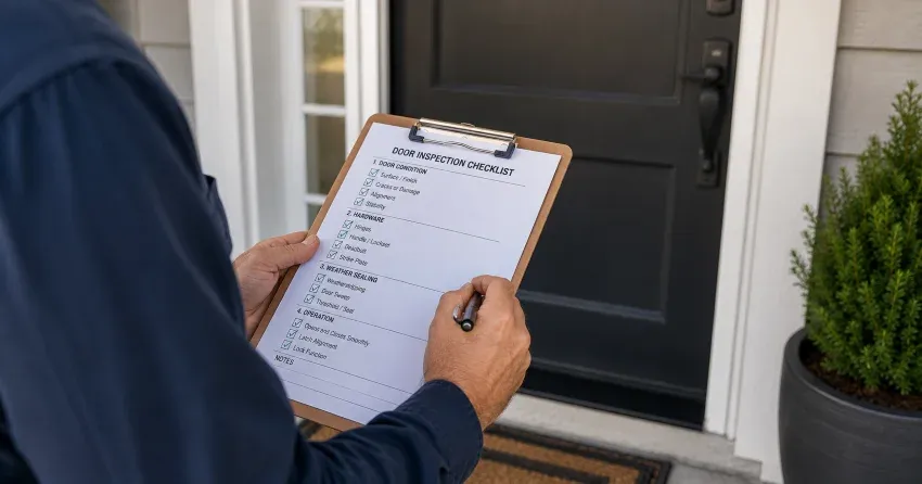 technician inspecting exterior door frame and weatherstripping