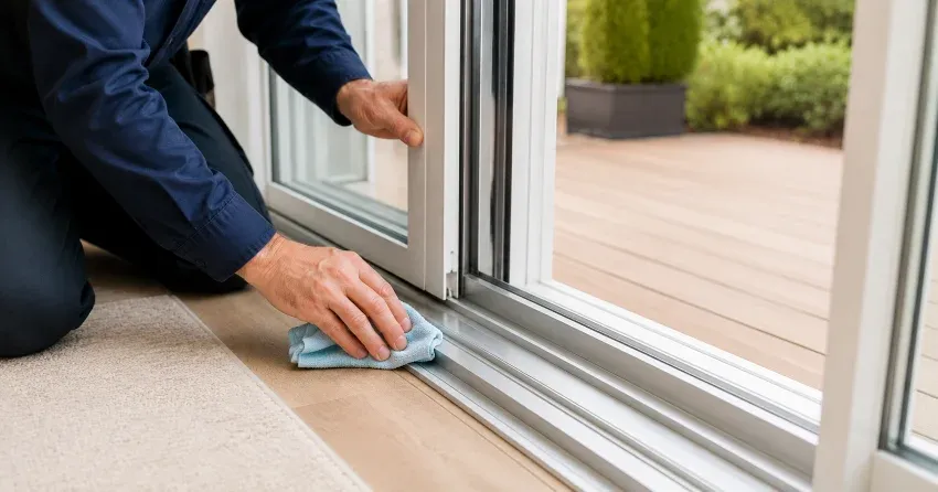 technician inspecting a sliding patio door track in Winnipeg