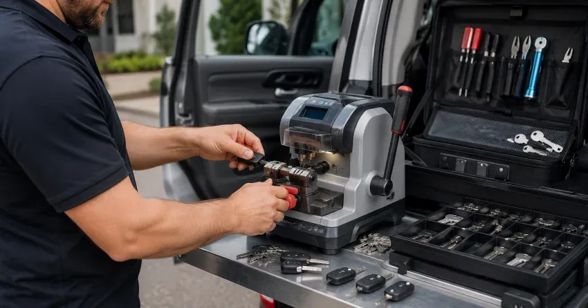 technician cutting a replacement car door lock key in Radisson, Winnipeg