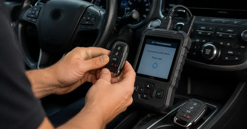 technician inspecting a worn car key before replacement in Winnipeg