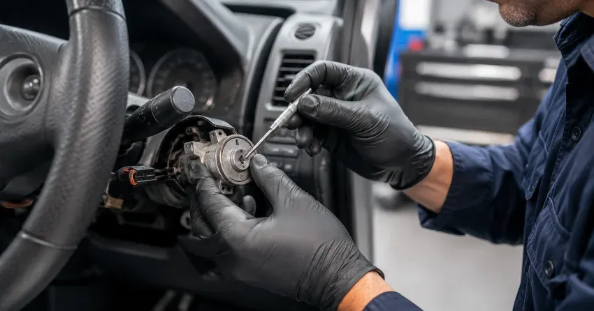 technician diagnosing an ignition lock repair issue in Winnipeg