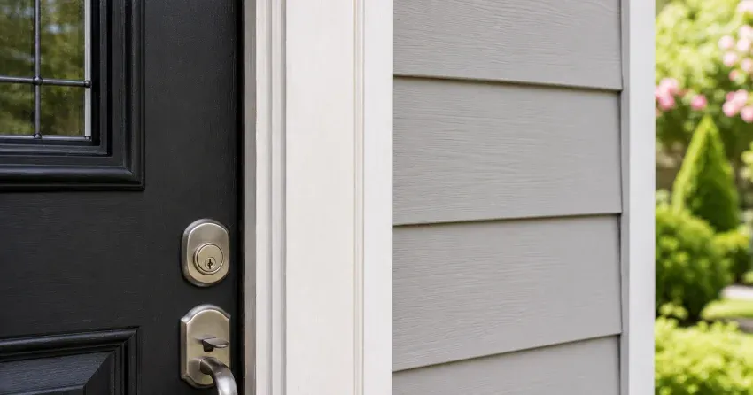 technician inspecting door jamb behind cracked casing in Booth, Winnipeg home