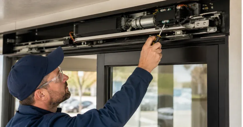 technician completing automatic door repair on residential property in Winnipeg