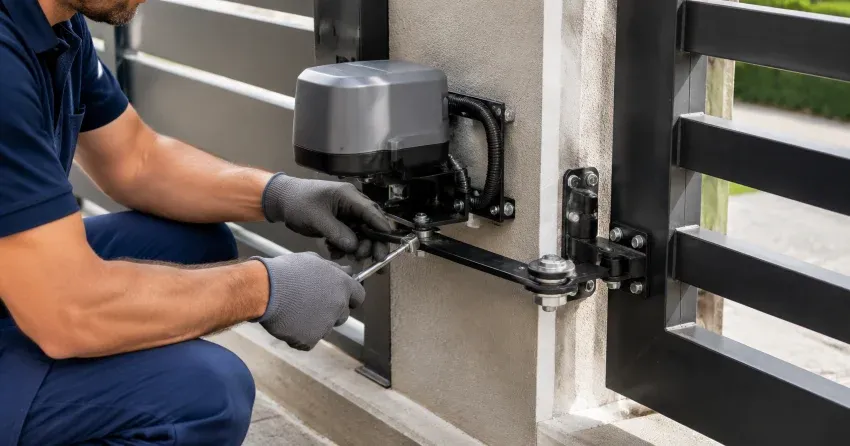technician diagnosing automatic gate motor and control panel in Winnipeg