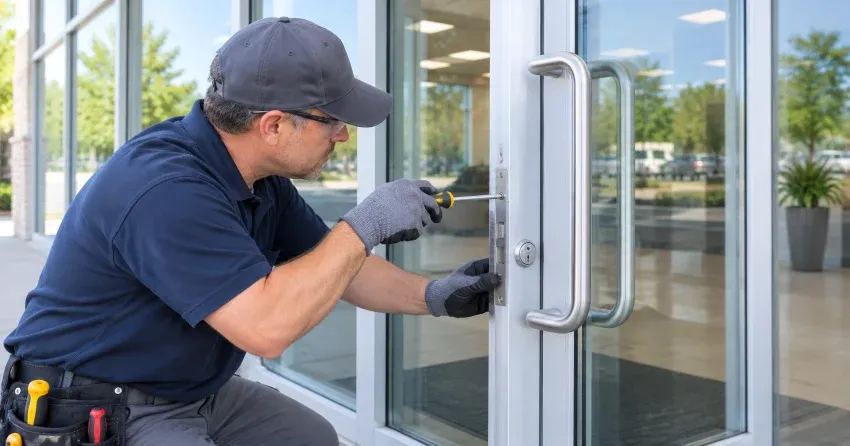 technician repairing commercial storefront door closer