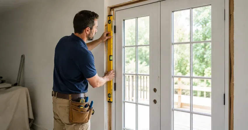 newly installed French doors with divided glass panes in Winnipeg