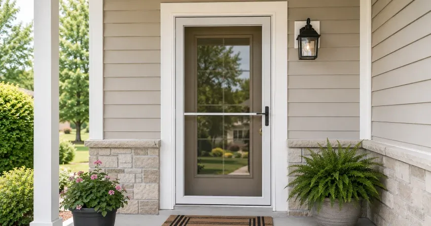 technician hanging storm door square and plumb in Winnipeg