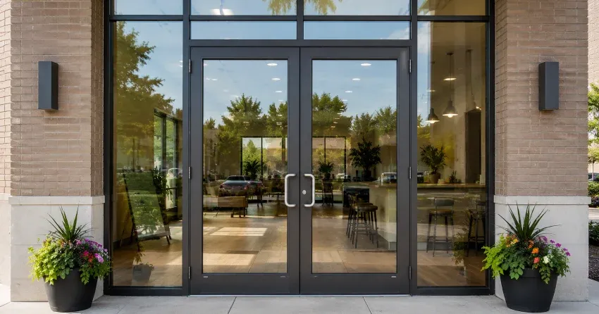 commercial door installation technician fitting steel entry door frame