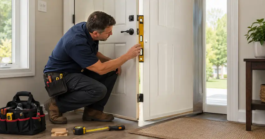 technician diagnosing a misaligned door frame in Winnipeg