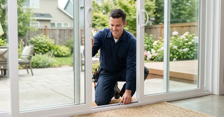 technician diagnosing a sticking patio door in William Whyte, Winnipeg