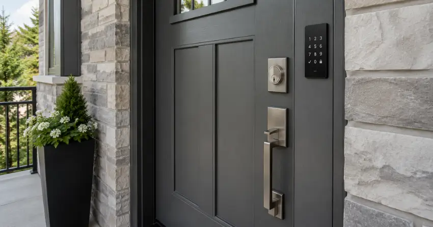 High-security door hardware and access control keypad installed on a residential entry door in Winnipeg