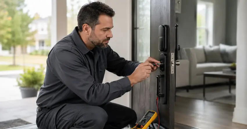 technician diagnosing automatic door lock mechanism on residential door in Winnipeg