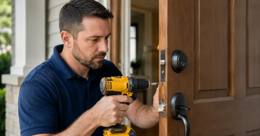 technician installing a new deadbolt during Change Door Lock Winnipeg service