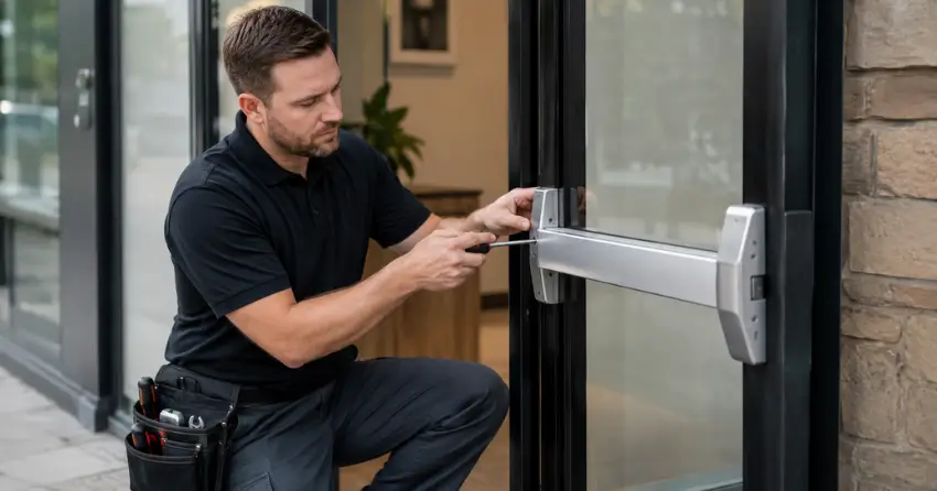 commercial locksmith repairing exit device on storefront door Winnipeg