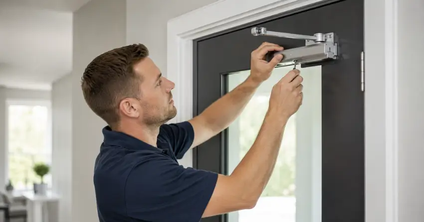 technician adjusting door closer hydraulic valve in Winnipeg home