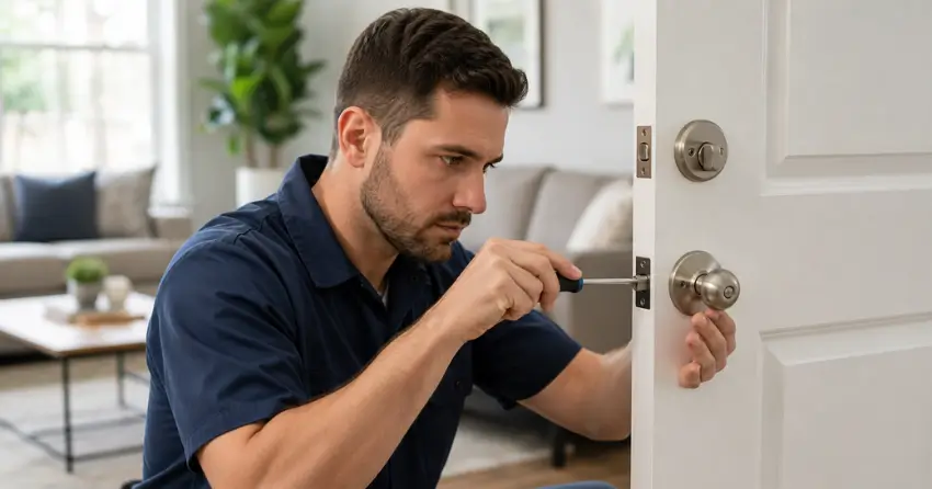 technician repairing loose door knob hardware