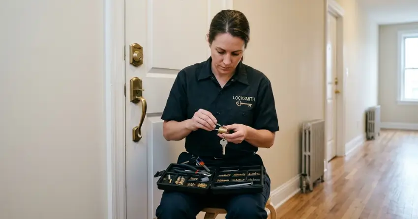 locksmith rekeying front door lock during property turnover