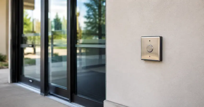 handicap door opener push plate activation switch installed at accessible height