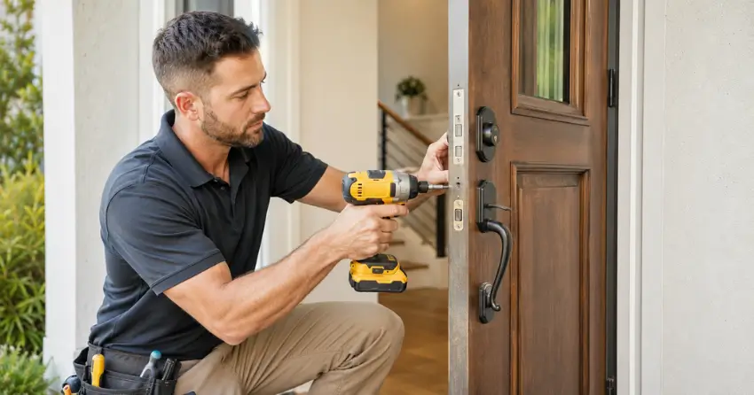 locksmith installing new deadbolt lock on front door in Winnipeg