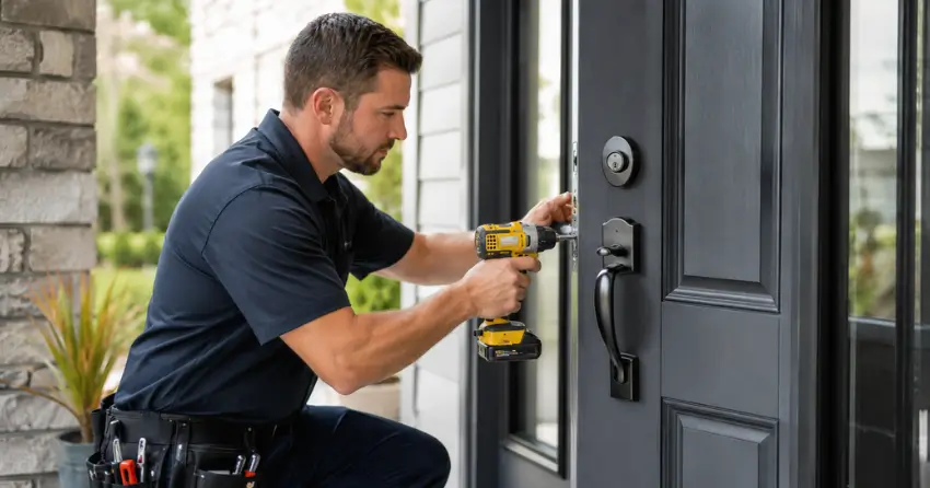 locksmith installing deadbolt lock on exterior door in Winnipeg