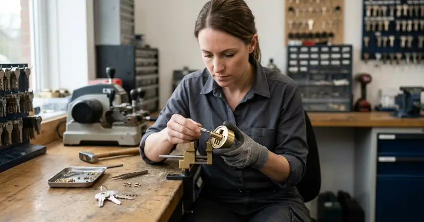 locksmith technician rekeying a deadbolt in Winnipeg