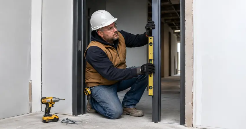 commercial door installer inspecting steel frame before installation
