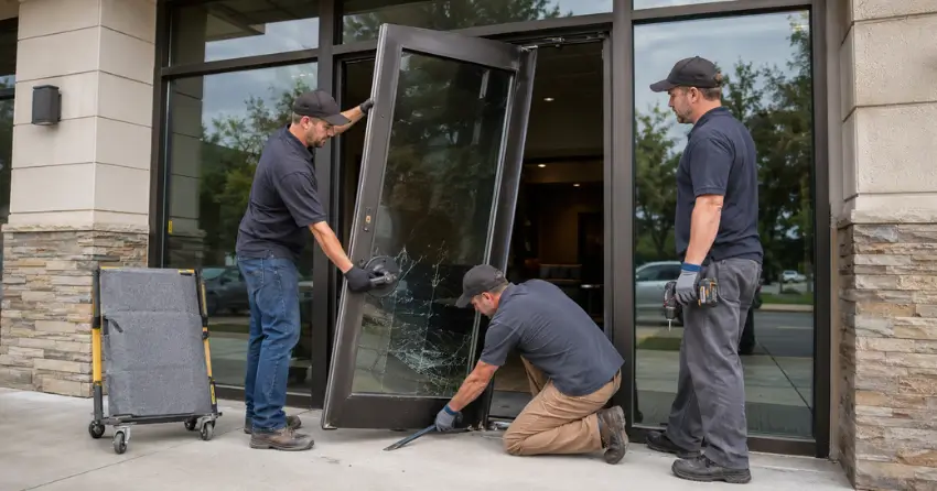 commercial door replacement crew removing damaged storefront door