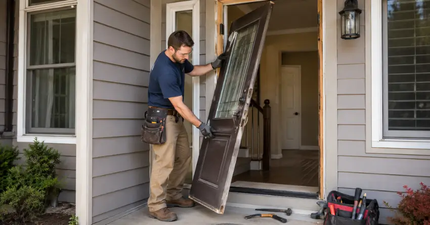 old exterior door being removed for replacement in Radisson, Winnipeg