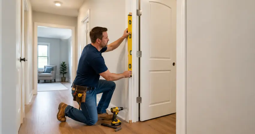 technician installing a pre-hung interior door in a home hallway Winnipeg