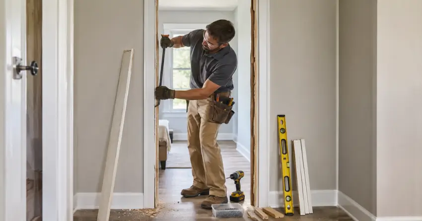 technician removing an old interior door frame during installation Winnipeg