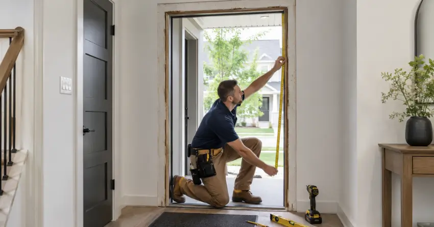 technician measuring a door frame before new door installation in Winnipeg