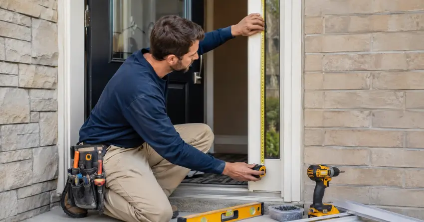 technician measuring door frame before storm door install in Valhalla, Winnipeg