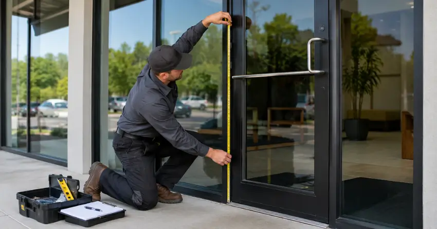 technician measuring commercial glass door for replacement panel