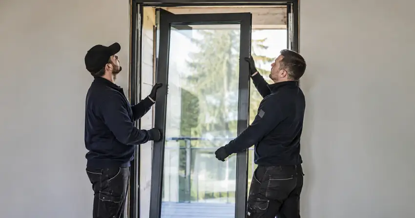 new glass panel being fitted into door frame in Winnipeg
