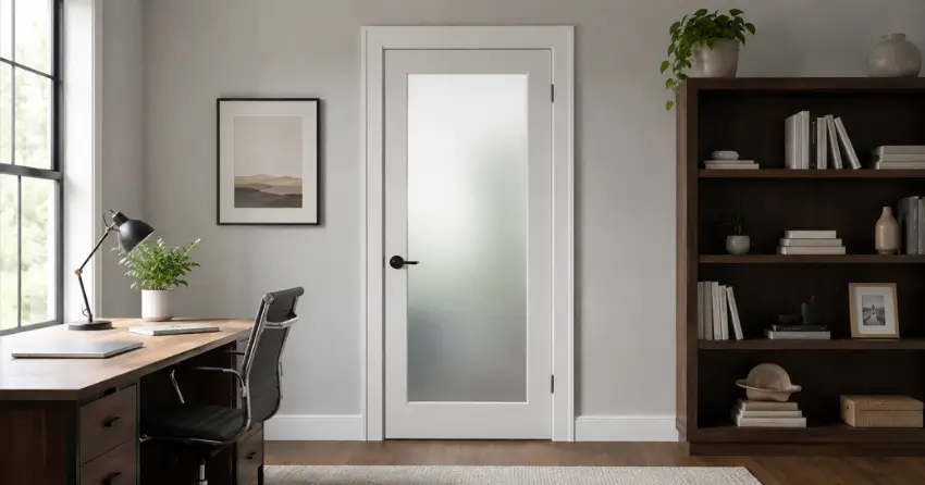 frosted interior door installed in home office in Radisson, Winnipeg