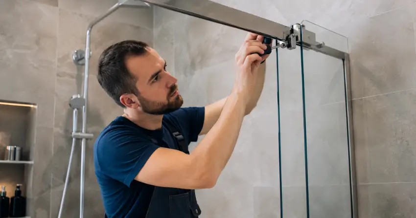 technician adjusting shower door hinge and track in Winnipeg