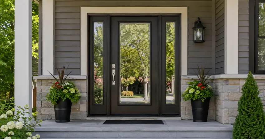 glass entry door with sidelights on a home in Alpine Place, Winnipeg
