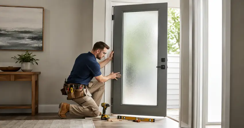 glass panel door installation with frosted privacy glass in residential setting in Winnipeg