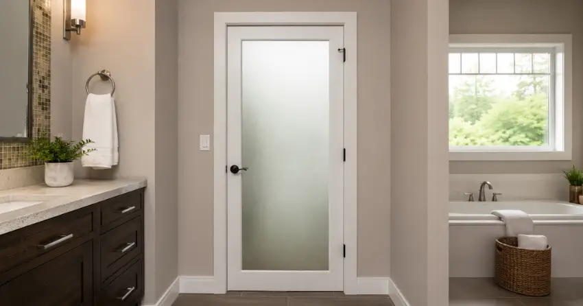 frosted glass panel bathroom door installed in a Winnipeg home