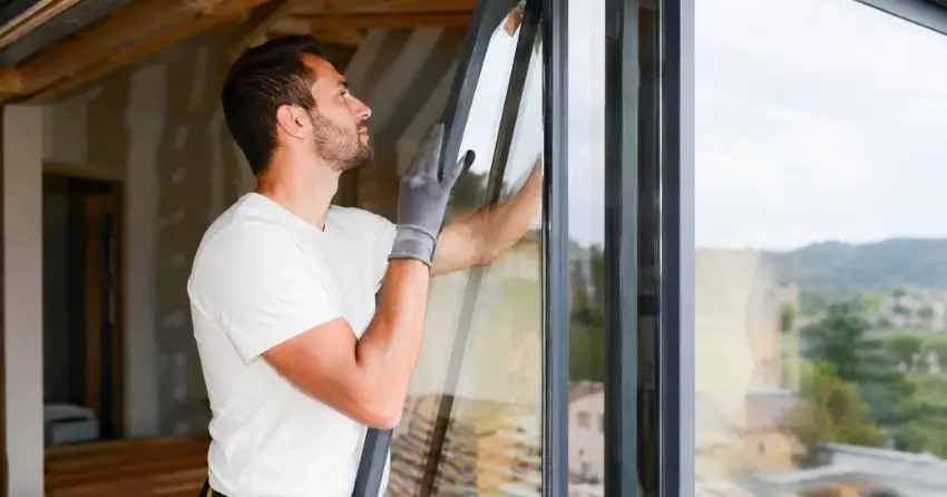 technician installing tempered safety glass pane in window frame