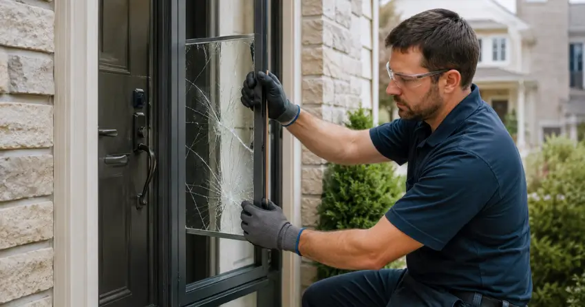 technician removing cracked storm door glass panel in Burrows Central, Winnipeg