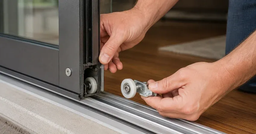 sliding door alignment Winnipeg technician adjusting roller track