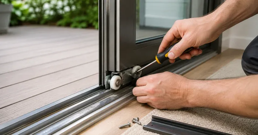 sliding door fix Winnipeg technician diagnosing track issue
