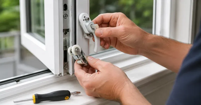 technician performing broken window repair Winnipeg on a sliding window