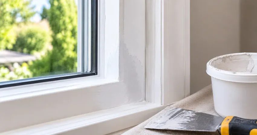 technician repairing rotted window frame corner in Luxton, Winnipeg